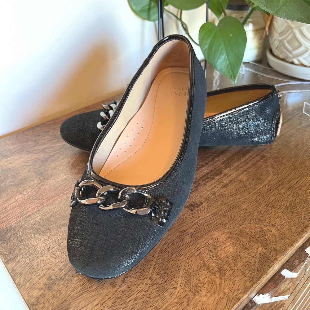 Donald Pliner Black Shimmer Chain Link Ballet Flats Women 8.5 Patent Trim Loafer